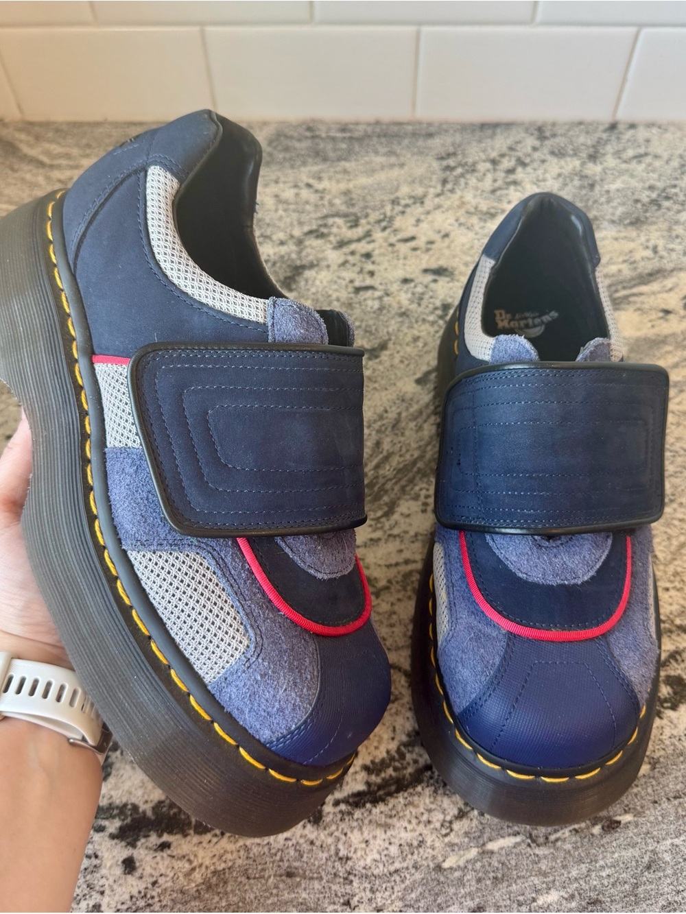 Dr. Martens Buzz Strap Mixed Material Shoe in Midnight Blue + Mid Grey. L 9 EUC